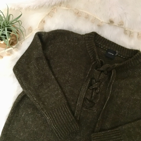 cliche Sweaters - Lace Up Olive Green Oversized Pullover Sweater